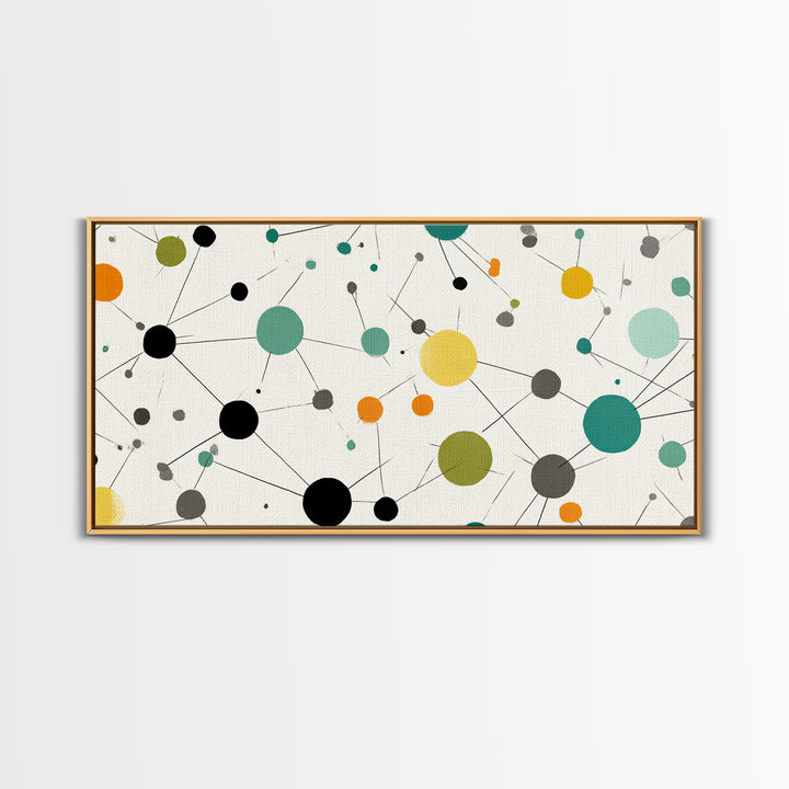 Teal Yellow Orange Atomic Circles Framed Canvas Print, Midcentury Modern Wall Art, Geometric Abstract Office And Home Decor