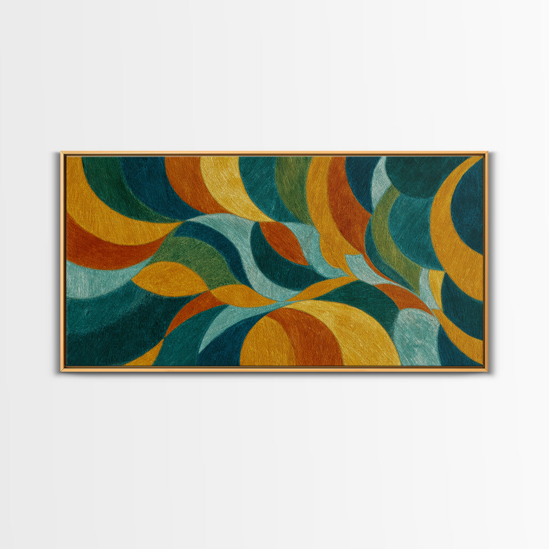 Teal Gold Orange Flowing Abstract Wall Art, Midcentury Modern Canvas Print, Retro Geometric Living Room Statement Decor Art