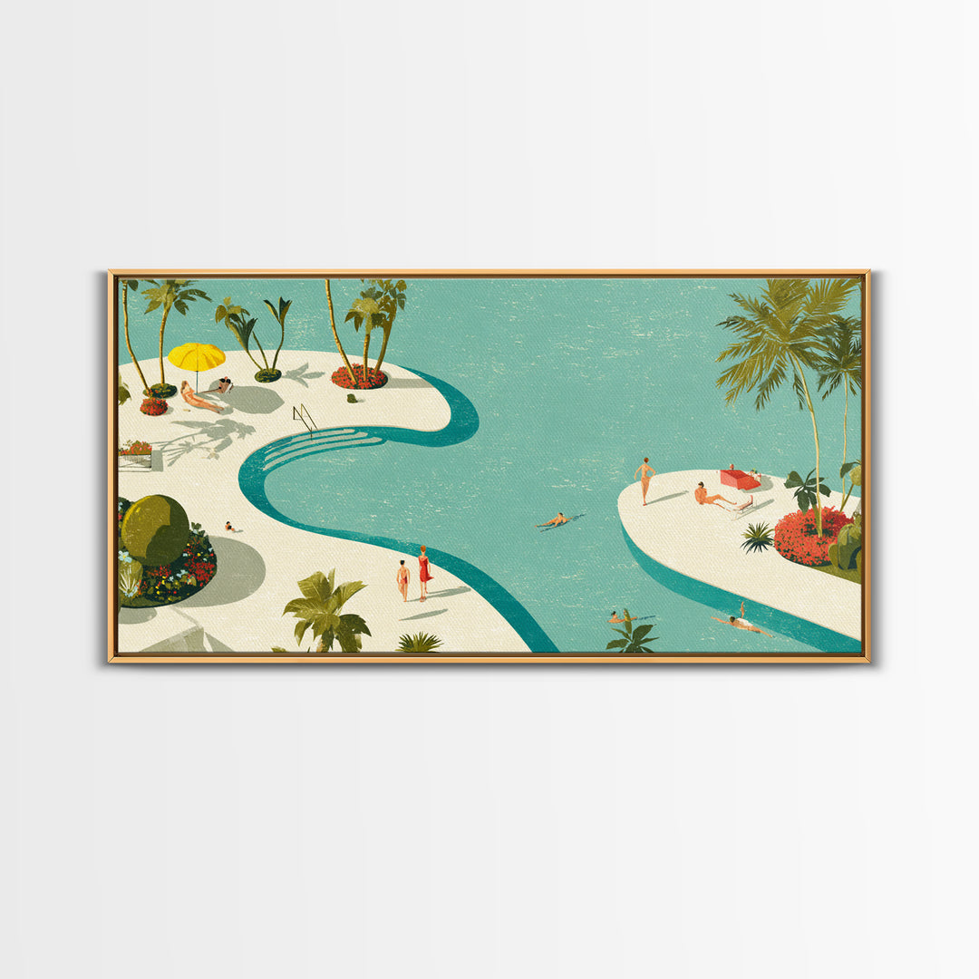Retro Palm Resort Pool With Turquoise Lagoons Wall Art, Mid Century Modern Decor, MCM Travel Poster, Coastal Home Print Gift