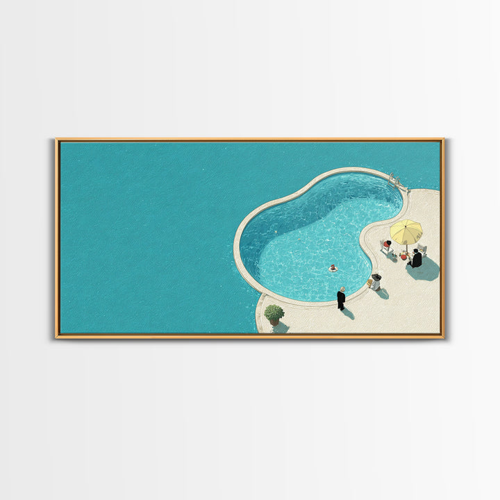 Minimal Aqua Kidney Pool With Umbrellas Canvas Print, Mid Century Modern Wall Decor, Retro Resort Poster, Coastal Pool Art