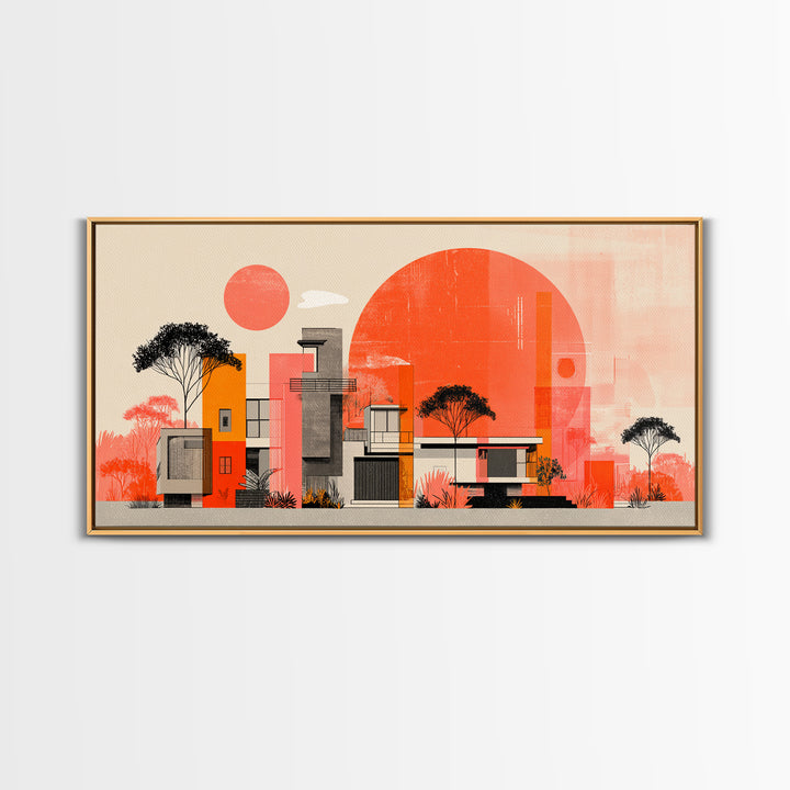 Orange Modernist Architecture And Red Sun Wall Art, Mid Century Modern Decor, Abstract Desert Print, Bauhaus Style Poster