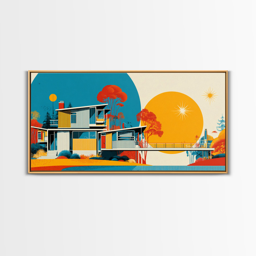 Midcentury House With Teal Arch And Golden Sun Wall Art, Mid Century Modern Decor, Retro Geometric Poster, Orange Print Gift