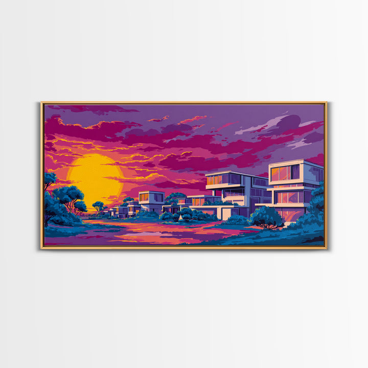 Vibrant Sunset Midcentury Homes Wall Art, Retro Modern Landscape Print, Palm Springs Decor, Colorful MCM Living Room Art