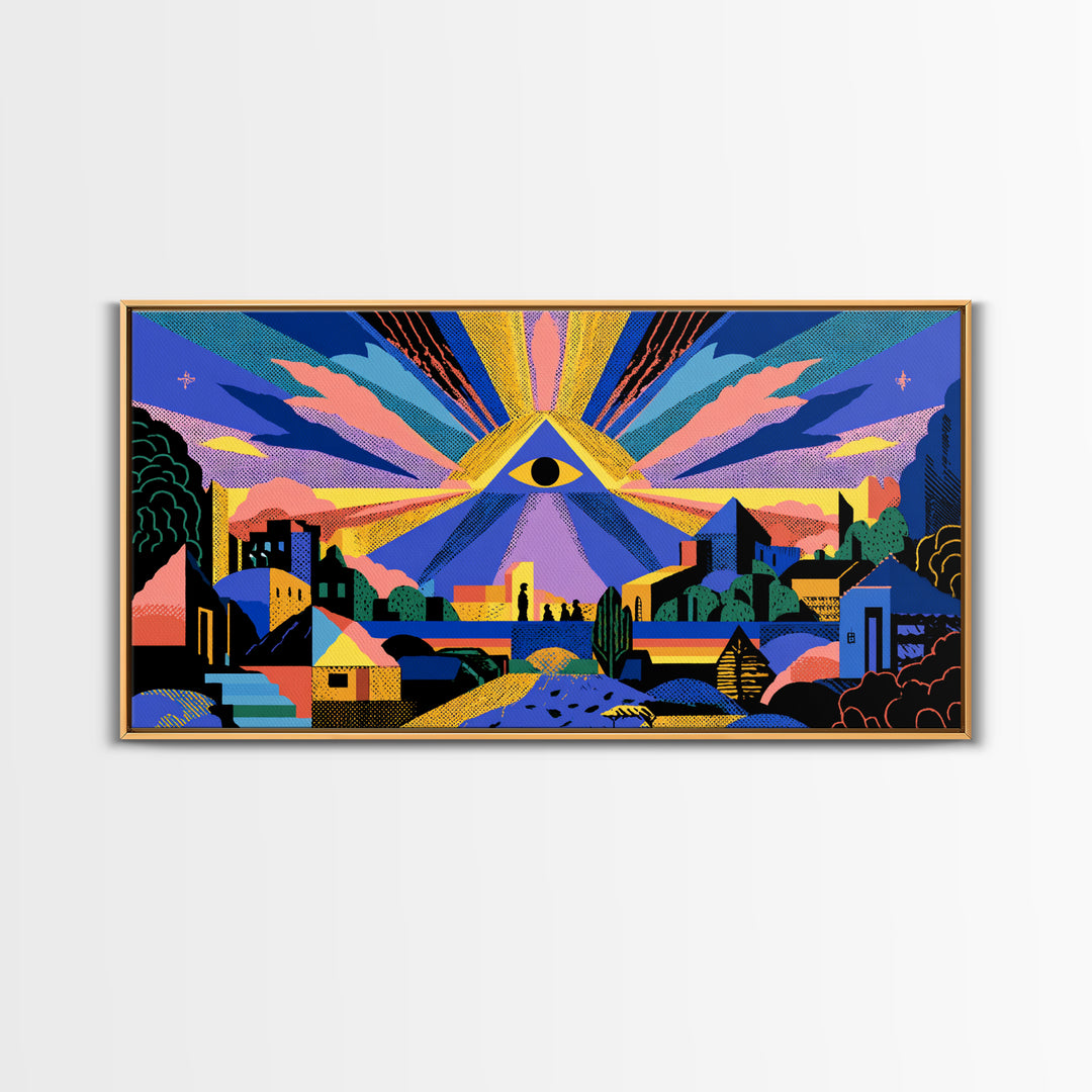 All Seeing Eye Over Colorful City Wall Art, Spiritual Midcentury Modern Print, Psychedelic Retro Poster, Mystical Decor Gift