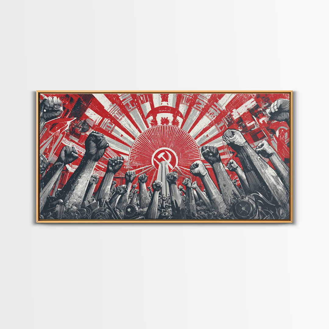 Raised Fists Revolutionary Sunburst Wall Art, Red Black Retro Poster, Midcentury Modern Decor, Bold Graphic Protest Print