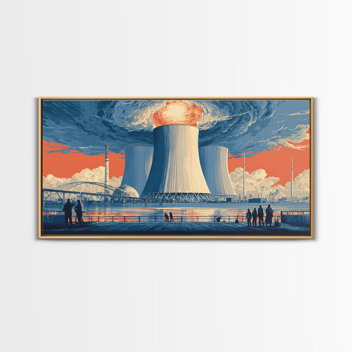Waterfront Nuclear Power Station Framed Canvas Print, Retro Futurist Industrial Poster, Midcentury Modern Wall Art Decor