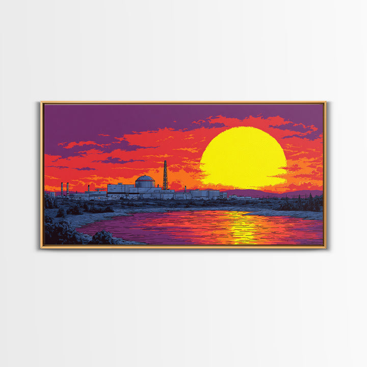 Purple Sunset Nuclear Plant Canvas Print, Retro Futurist Industrial Poster, Midcentury Modern Wall Art, Orange Lake Decor