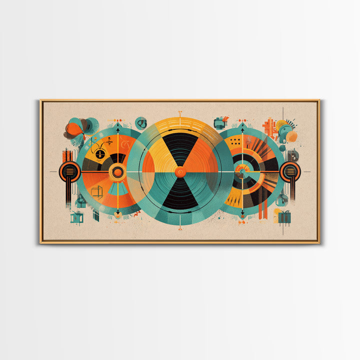 Abstract Atomic Circles And Teal Orange Geometry Wall Art, Bauhaus Midcentury Modern Decor, Retro Geometric Poster Print