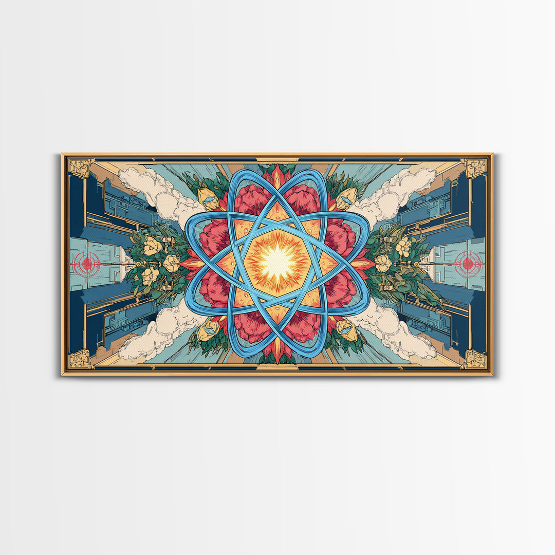 Ornate Atomic Starburst Kaleidoscope Framed Canvas Print, Symmetrical Retro Futurist Poster, Midcentury Modern Wall Art Decor