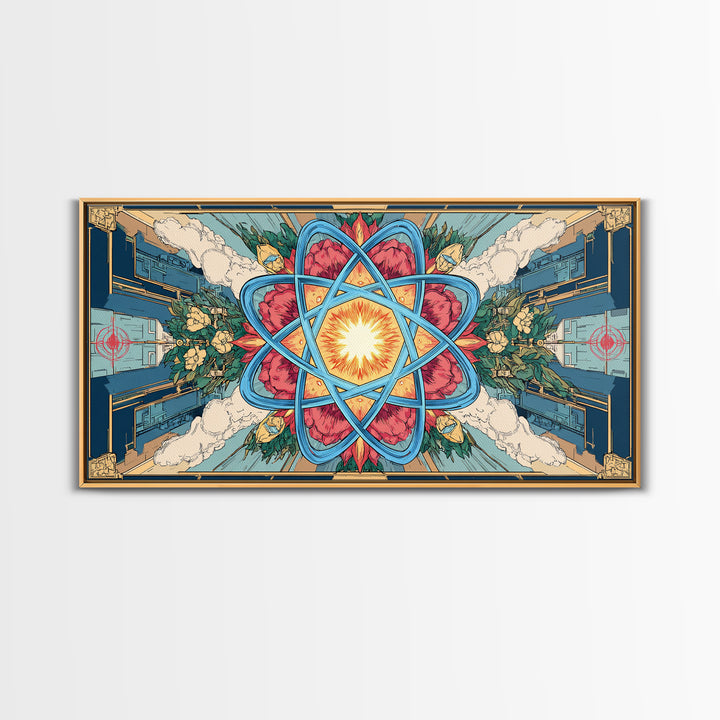 Ornate Atomic Starburst Kaleidoscope Framed Canvas Print, Symmetrical Retro Futurist Poster, Midcentury Modern Wall Art Decor