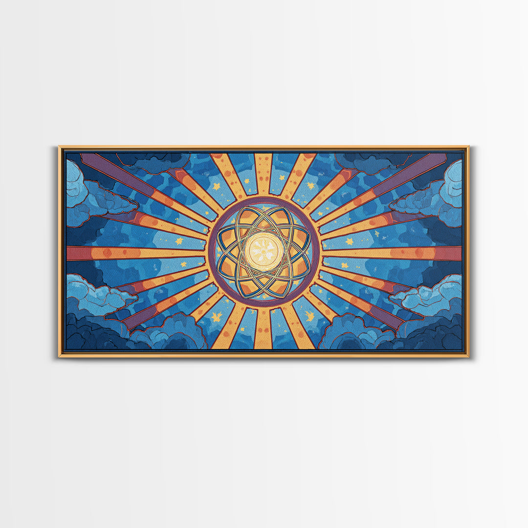 Celestial Atomic Starburst In Blue Clouds Canvas Print, Retro Futurist Midcentury Modern Wall Art, Geometric Poster Decor