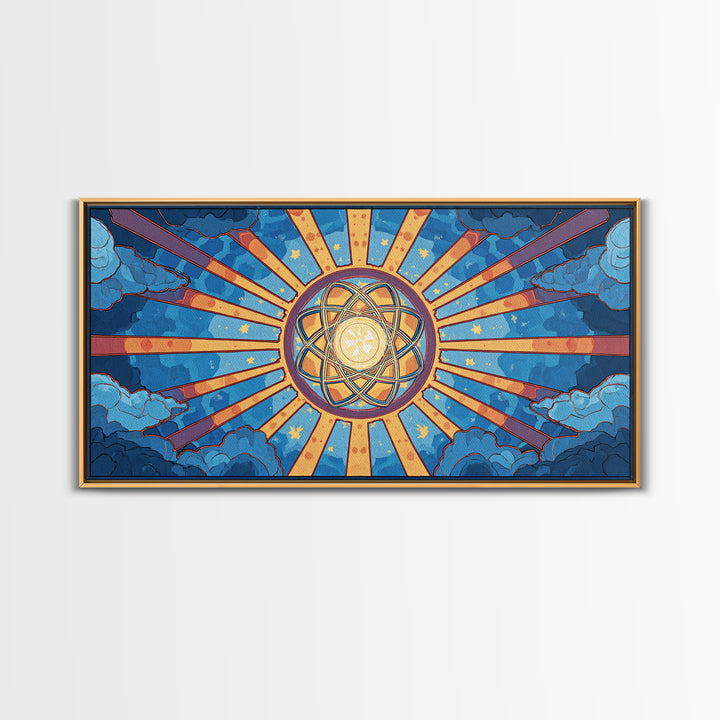 Celestial Atomic Starburst In Blue Clouds Canvas Print, Retro Futurist Midcentury Modern Wall Art, Geometric Poster Decor