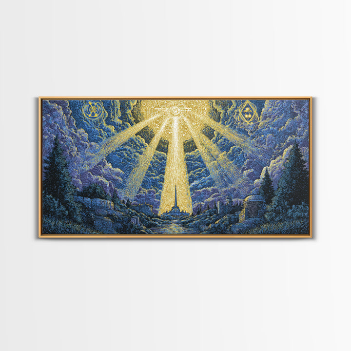 Mystic Mountain Valley With Divine Light Framed Canvas Print, Spiritual Wall Art, Blue Nature Decor, Celestial Home Office