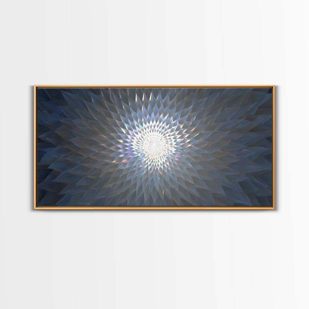 Blue Crystal Radial Mandala Framed Canvas Print, Modern Abstract Wall Art, Geometric Light Decor, Serene Home Office Decor