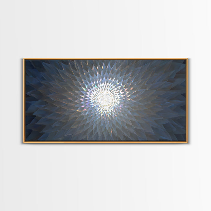 Blue Crystal Radial Mandala Framed Canvas Print, Modern Abstract Wall Art, Geometric Light Decor, Serene Home Office Decor