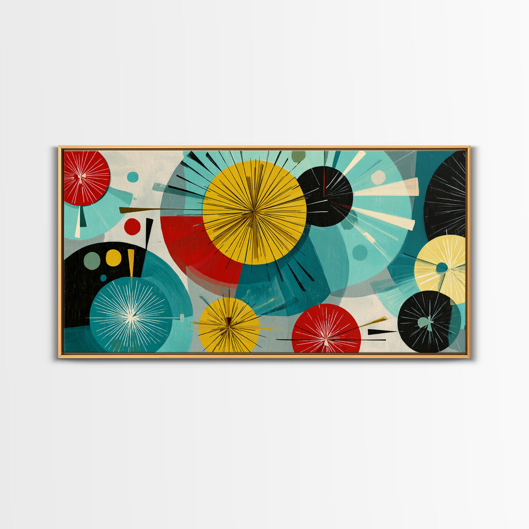 Teal Red Yellow Atomic Circles Wall Art, Midcentury Modern Abstract Art Print, Bauhaus Geometric Decor, Retro Home Office