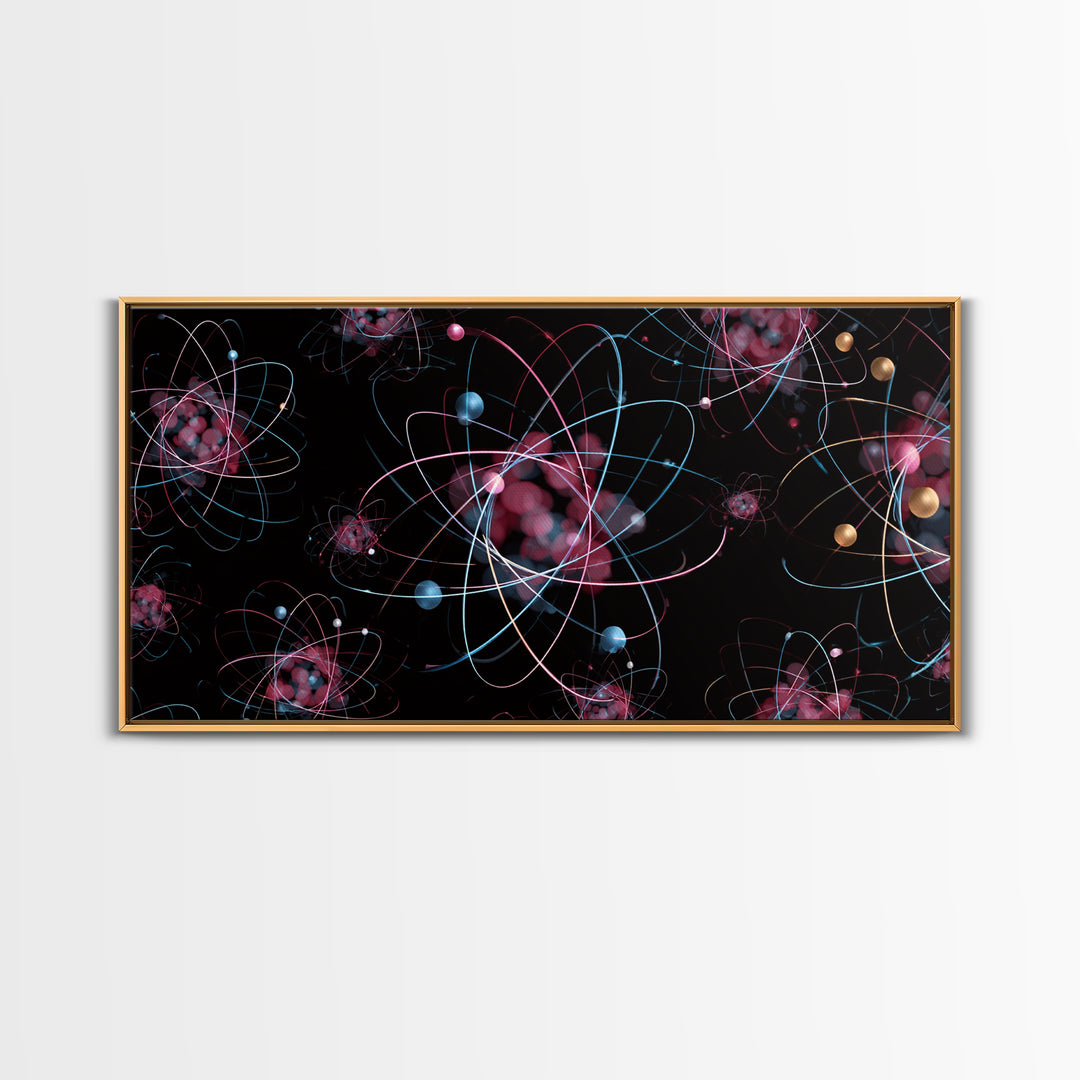 Glowing Pink Atomic Orbits On Black Wall Art, Midcentury Modern Abstract Print, Retro Space Decor, MCM Gallery Wall Home Decor