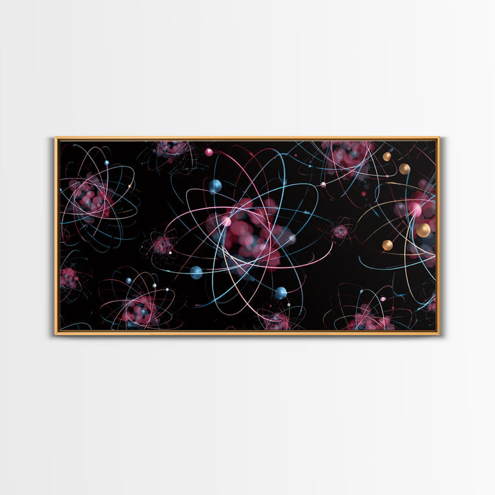 Glowing Pink Atomic Orbits On Black Wall Art, Midcentury Modern Abstract Print, Retro Space Decor, MCM Gallery Wall Home Decor