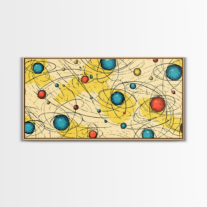 Yellow Blue Atomic Planets Wall Art, Midcentury Modern Abstract Print, Retro Space Poster, Geometric MCM Living Room Decor