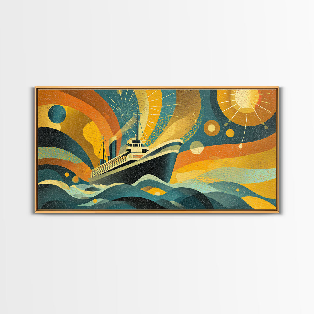 Midcentury Yacht At Sea Canvas Print, Abstract Sun Waves Wall Decor, Retro Modern Ocean Poster, Colorful Nautical Home Art