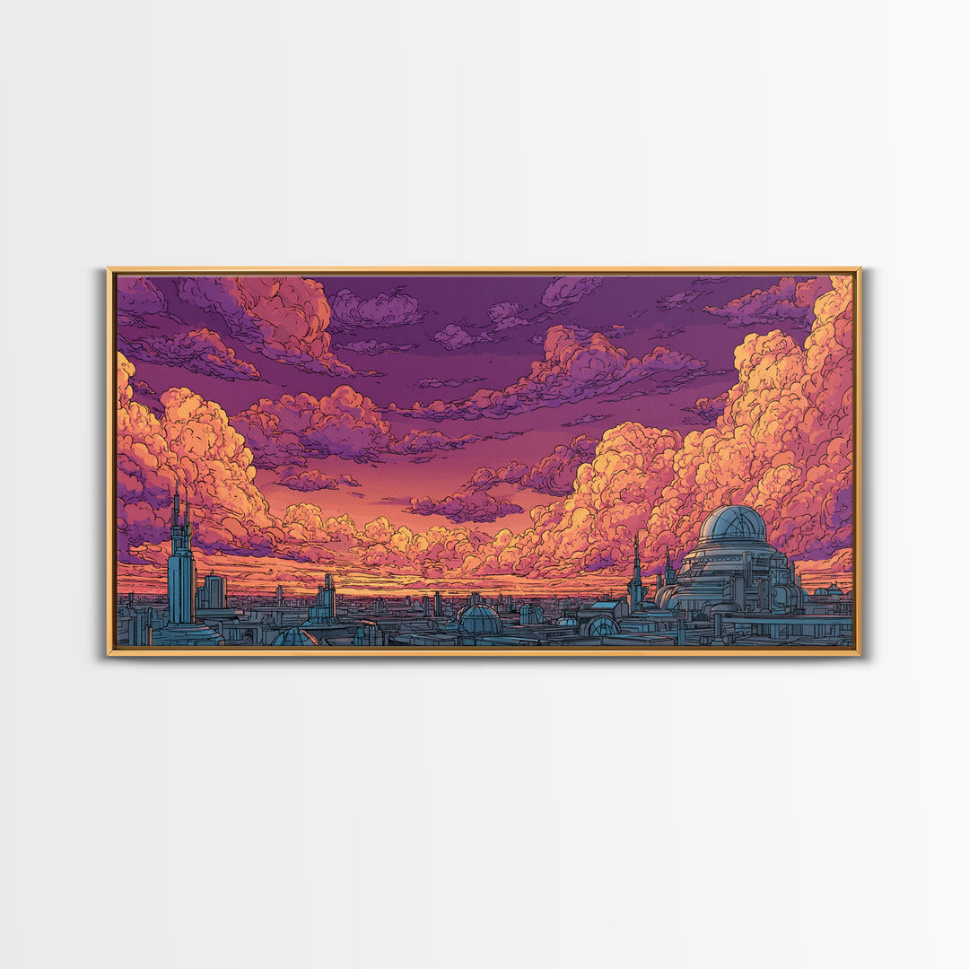 Purple Sunset City Skyline Canvas Print, Retro Futuristic Architecture Poster, Cloudscape Wall Decor, Modern Urban Home Art