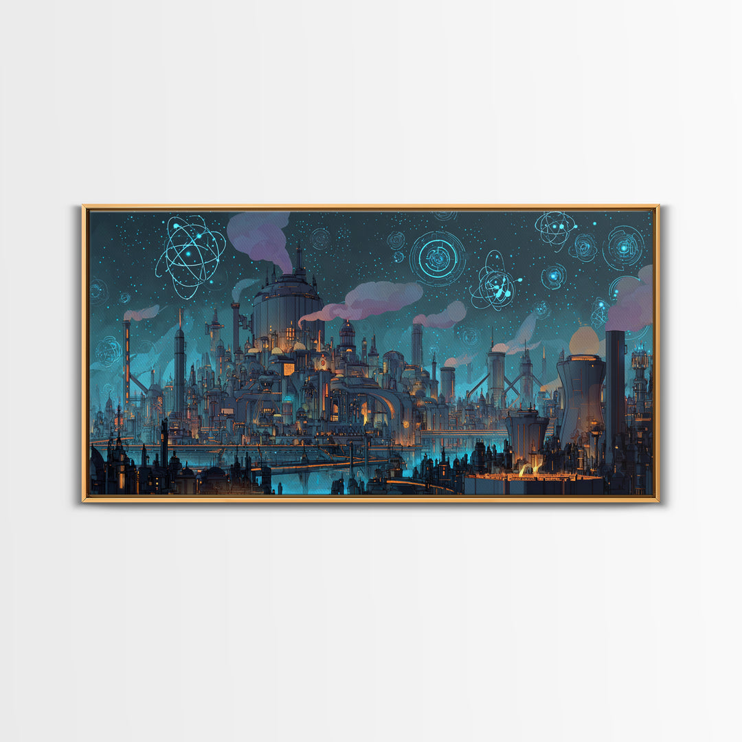Teal Atomic Industrial Futuristic City Skyline Wall Art, Midcentury Modern Art Print, Retro Sci Fi Office Decor Poster Gift