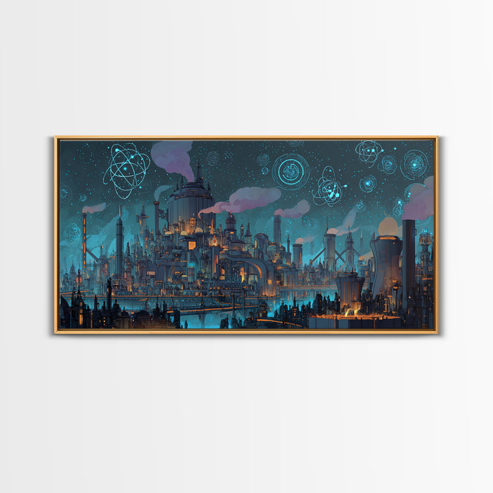 Teal Atomic Industrial Futuristic City Skyline Wall Art, Midcentury Modern Art Print, Retro Sci Fi Office Decor Poster Gift