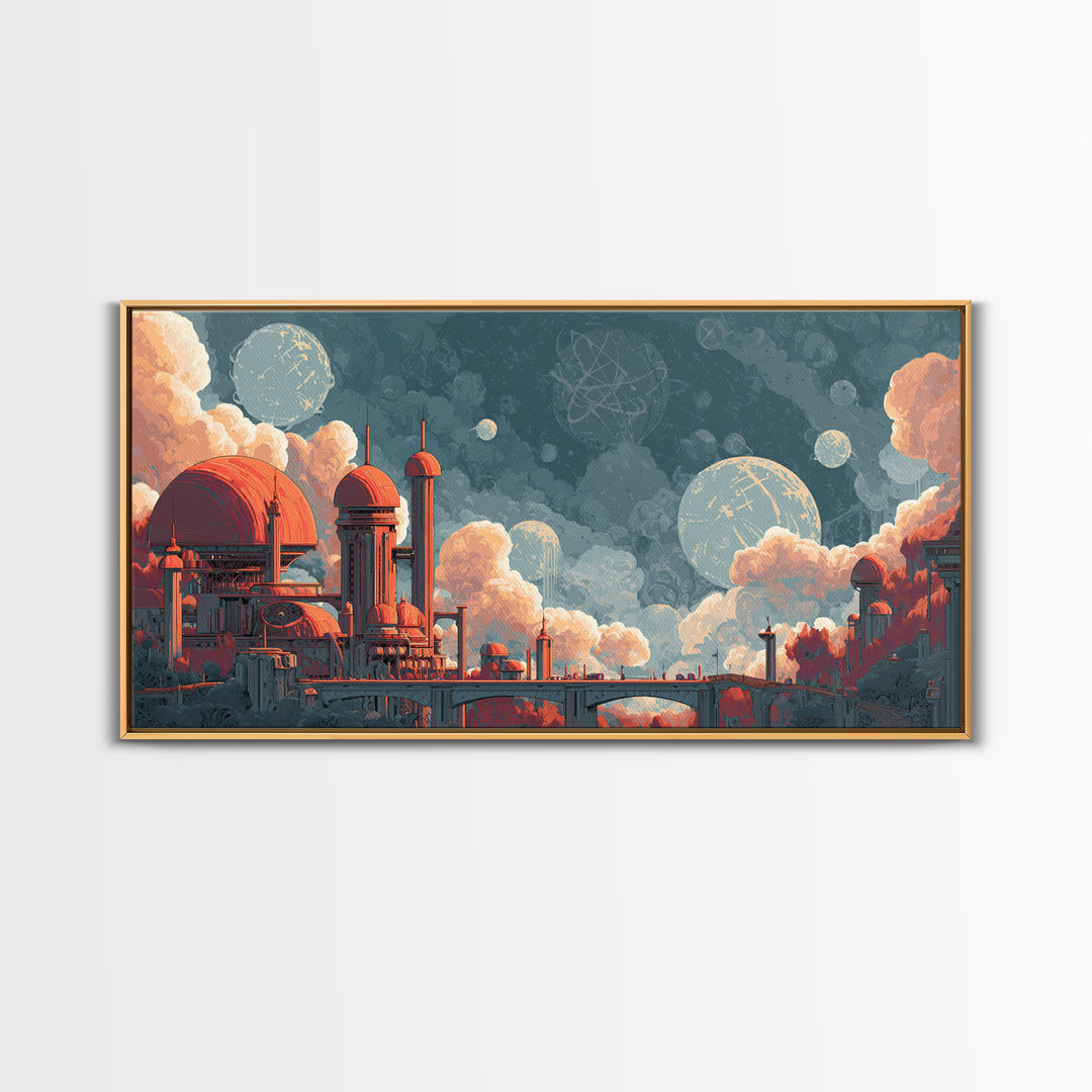 Coral Domed Retro Futurist Cloud City Canvas Print, Midcentury Modern Wall Art, Atomic Space Age Living Room Decor Poster Gift