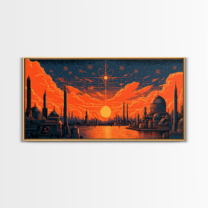 Orange Atomic Sunset Futuristic River Skyline Wall Art, Midcentury Modern Poster, Retro Sci Fi Cityscape Home Office Decor
