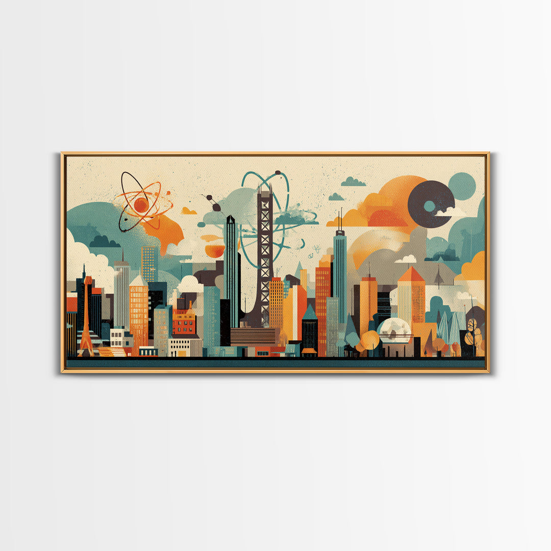 Collage Atomic Bridge City Skyline Canvas Print, Midcentury Modern Wall Art, Geometric Retro Poster, Colorful Office Decor