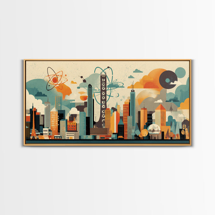 Collage Atomic Bridge City Skyline Canvas Print, Midcentury Modern Wall Art, Geometric Retro Poster, Colorful Office Decor