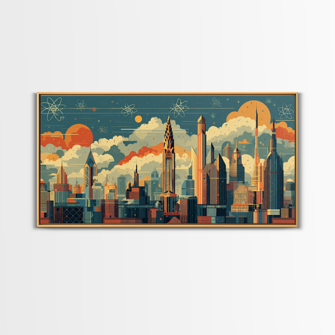 Retro Atomic Skyscraper City At Orange Sun Canvas Print, Midcentury Modern Wall Art, Space Age Skyline Office Decor Poster