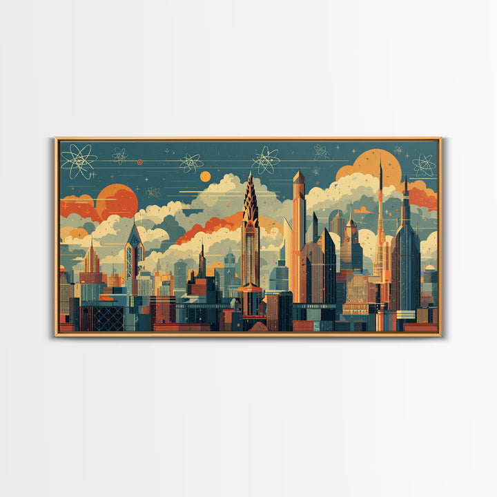 Retro Atomic Skyscraper City At Orange Sun Canvas Print, Midcentury Modern Wall Art, Space Age Skyline Office Decor Poster