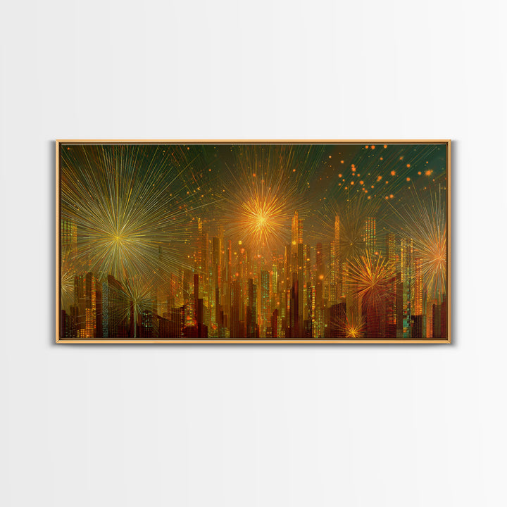 Golden Fireworks Futuristic City Skyline Framed Canvas Print, Modern Wall Art, Midcentury Retro Decor, Large Statement Poster