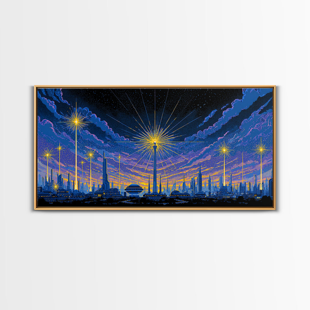 Blue Purple Night Skyline With Starburst Lights Canvas Print, Retro Sci Fi Wall Art, Midcentury Modern Cityscape Decor Poster
