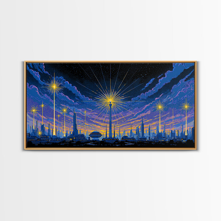Blue Purple Night Skyline With Starburst Lights Canvas Print, Retro Sci Fi Wall Art, Midcentury Modern Cityscape Decor Poster