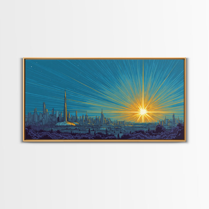 Futuristic Skyline Sunrise With Golden Rays, Mid Century Modern Wall Art, Retro Sci Fi Cityscape Print, Living Room Decor