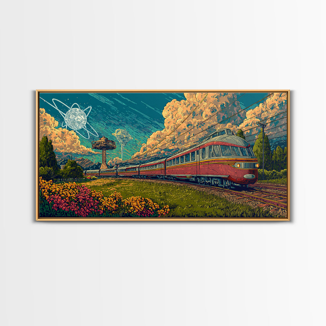 Red Passenger Train Through Flower Fields, Mid Century Modern Wall Art, Retro Travel Poster, Scenic Landscape Decor Print