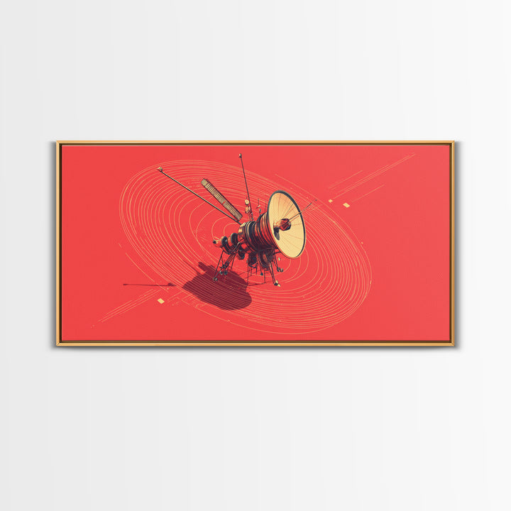 Red Space Probe With Orbital Rings, Mid Century Modern Wall Art, Retro Sci Fi Satellite Poster, Minimalist Space Decor Print