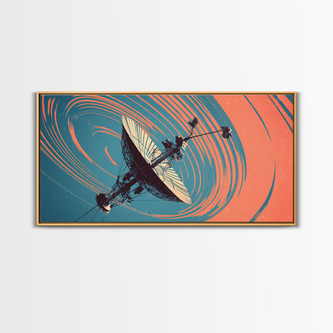 Teal Coral Satellite Dish In Orbit, Mid Century Modern Wall Art, Retro Sci Fi Space Poster, Geometric Abstract Decor Print