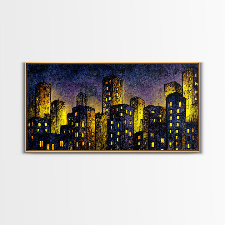 Golden Dusk City Skyline Wall Art, Blue Urban Nightscape, Modern Abstract Art Print, Office Decor, Living Room Wall Decor