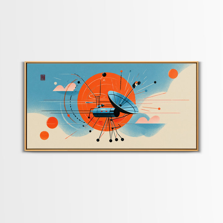 Retro Satellite Dish With Orange Sun Canvas Print, Midcentury Modern Wall Art, Atomic Space Poster, MCM Office Decor Gift