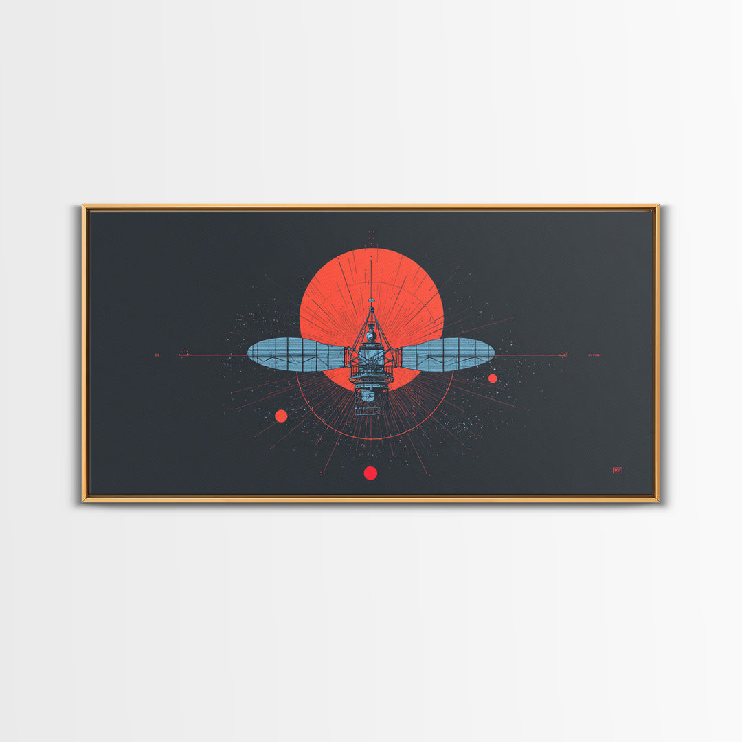 Blueprint Satellite In Crimson Sun Framed Canvas Print, Midcentury Modern Art, Retro Space Wall Decor, Modern Office Poster Gift