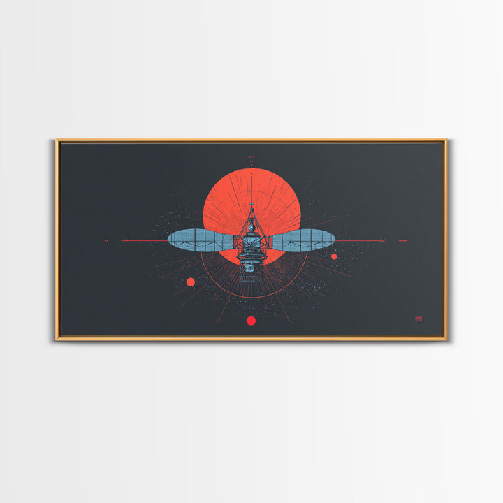 Blueprint Satellite In Crimson Sun Framed Canvas Print, Midcentury Modern Art, Retro Space Wall Decor, Modern Office Poster Gift