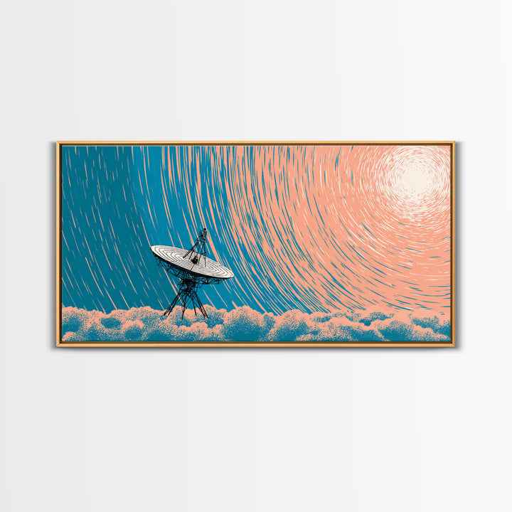 Radio Telescope Under Spiral Star Trails Canvas Print, Midcentury Modern Wall Art, Retro Astronomy Poster, Blue Office Decor