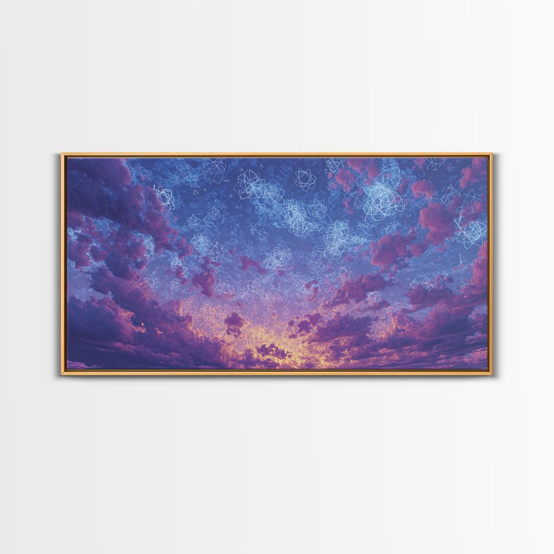 Dreamy Twilight Clouds With Star Diagrams Canvas Print, Modern Wall Art, Blue Purple Celestial Poster, Bedroom Decor Gift