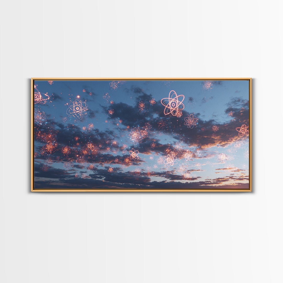 Sparkling Atomic Fireworks Over Dusk Clouds Wall Art, Modern Abstract Art Print, Cosmic Sky Poster, Blue Pink Bedroom Decor
