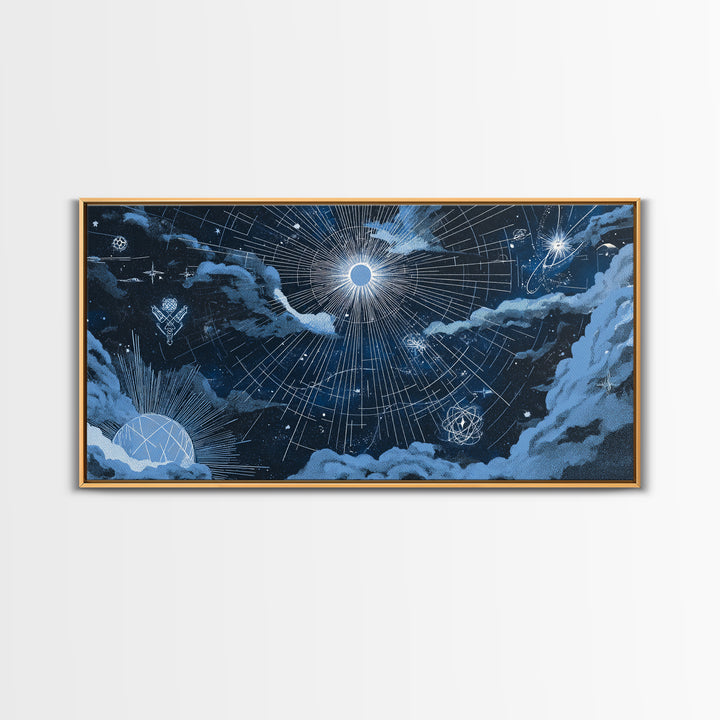 Blue Celestial Grid With Moonlit Clouds Canvas Print, Modern Wall Art, Sci Fi Space Poster, Navy Home Office Decor Gift Print