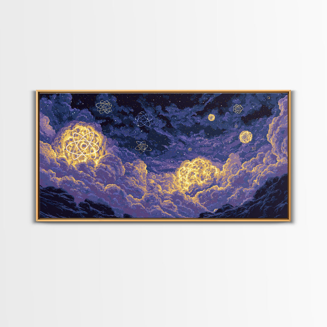 Glowing Atom Clouds In Pixel Night Sky Canvas Print, Modern Abstract Wall Art, Retro Space Poster, Purple Bedroom Decor Gift