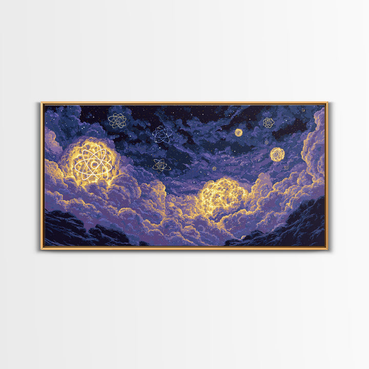 Glowing Atom Clouds In Pixel Night Sky Canvas Print, Modern Abstract Wall Art, Retro Space Poster, Purple Bedroom Decor Gift